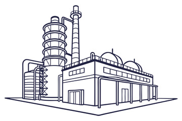 Professional Industrial Plant Vector Drawing. Line Art Design