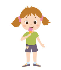 Delightful vector illustration of a girl eating an ice cream, enjoying a sweet treat. The scene captures a moment of childhood pleasure.