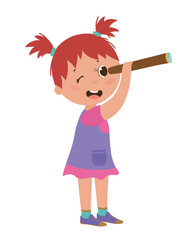 Intriguing vector illustration of a girl looking through a spyglass, exploring and curious. The scene captures a sense of adventure and discovery.