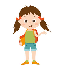 Charming vector illustration of a girl holding books and wearing a backpack, ready for school. The scene highlights education and learning.
