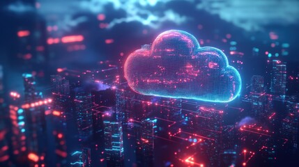 Fototapeta premium Digital Cloud Computing Over Futuristic Cityscape