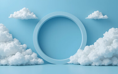 3d render blue background with white clouds flying in front of circle shape. Minimal scene empty, blank product display. 3d render, abstract minimal blue background with white clouds flying out