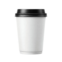 White disposable coffee cup with black plastic lid, takeaway paper cup for hot drinks, minimalist packaging design for café and beverage branding isolated on transparent background, png