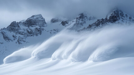 Fototapeta premium A breathtaking snow avalanche cascades down a vast, snowy slope, its unpredictable path sculpting the landscape. The raw power of nature unfolds in a mesmerizing display of force and motion