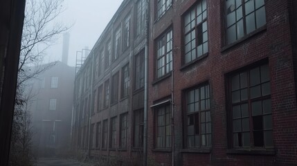 Fototapeta premium Foggy Day Abandoned Brick Factory Building Exterior