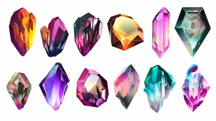 Colorful gemstone collection, digital art, white background, design elements. Eclipsed Gem. Illustration