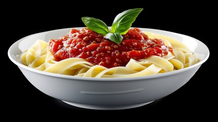 Savory pasta topped with flavorful tomato bolognese sauce and fresh basil on dark surface