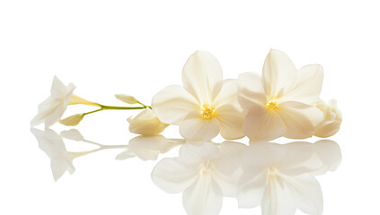 Naklejka premium arrangement of white orchids lies gracefully on a reflective surface showcasing their elegance against a soft bright background the composition highlights the beauty of nature and tranquility