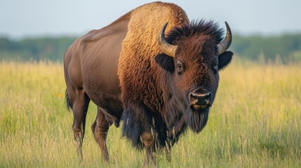Majestic Bison Stands Tall In Grassy Field