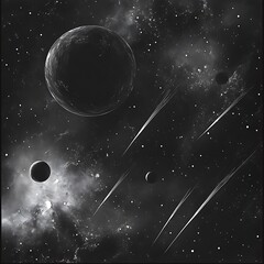 심오한 블랙홀과 다양한 우주 행성들이 어우러진 우주 장면, AI 생성