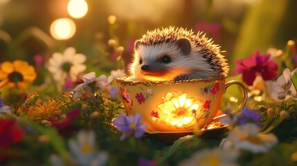 Obraz premium A whimsical hedgehog enjoying tea in a flower filled meadow at sunset