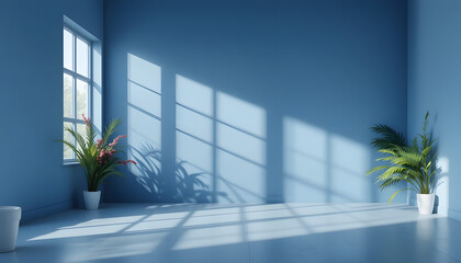 Fototapeta premium Abstract gradient blue studio background for product presentation. Empty room with shadows of window and flowers and palm leaves . 3d room with copy space. Summer concert. Blurred backdrop.