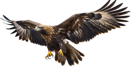 a majestic golden eagle with outstretched wings soaring gracefully against a white background showcasing its powerful physique and striking plumage
