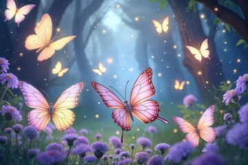 Enchanting Pastel Butterflies and Luminous Fireflies in a Whimsical Fantasy World for Children's Imagination