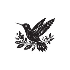 Black Color Hummingbird Silhouette Vector Illustration, Solid White Background