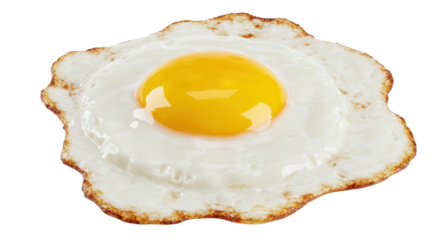 A vibrant fried egg with a glossy, bright yellow yolk surrounded by a fluffy white, set against a transparent backdrop, Isolated on transparent background. PNG