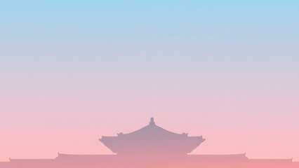 This image is an illustration featuring the soft silhouette of a traditional Korean palace against a pastel-toned sky.