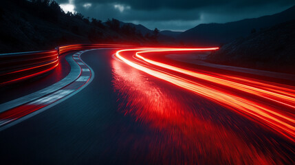 Curving road illuminated by car lights at dusk