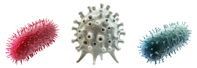 Three distinct bacteria models isolated on a transparent background, showcasing their unique shapes and colors for educational use