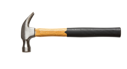 Metal hammer features a sturdy wooden handle and ergonomic grip, perfect for construction and DIY projects.  Isolated on transparent background. PNG