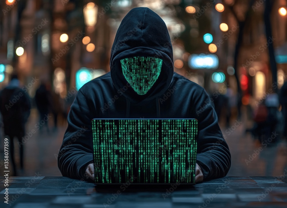 Leinwandbilder Hacker launching cyber attack using laptop with binary code