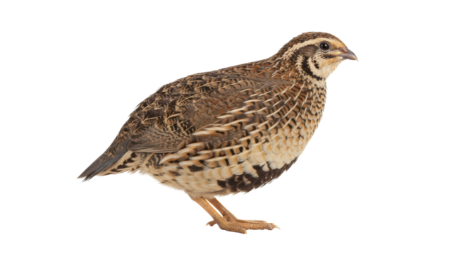 Quail with a rounded body and intricately patterned feathers, showcasing a blend of browns and whites.  Isolated on transparent background. PNG