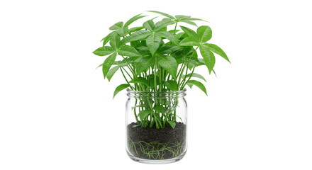 Obraz premium Lush green houseplant features vibrant leaves growing in a clear glass jar filled with soil. Isolated on transparent background. PNG