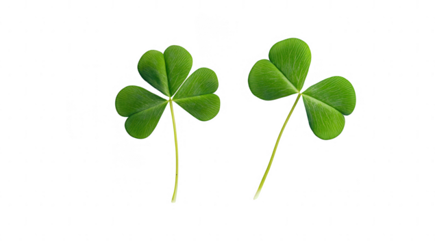 two vibrant green clovers arranged on a white background symbolizing luck and nature their distinct leaf shapes and fresh color evoke a sense of tranquility and connection to the environment