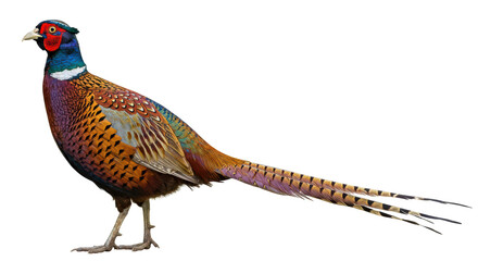 Fototapeta premium A splendid pheasant with bright, colorful feathers stands isolated on a transparent background. Isolated on transparent background. PNG