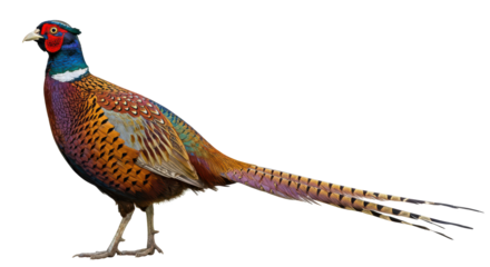 A splendid pheasant with bright, colorful feathers stands isolated on a transparent background.  Isolated on transparent background. PNG