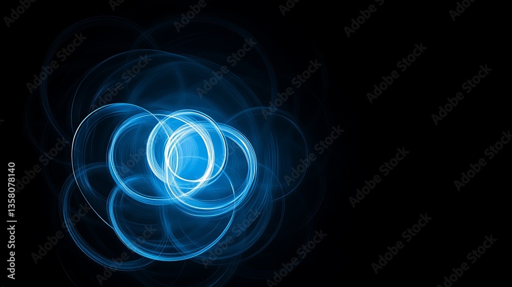 Poster abstract light patterns create captivating circular forms in deep blue hues against a black backgrou