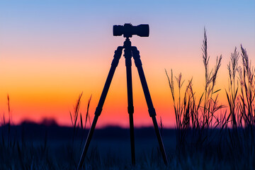 Harmony of Stability: Tripod Silhouette Against a Vibrant Sunset in Open Field