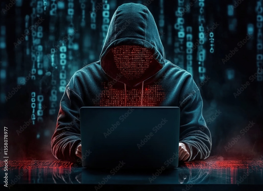 Aufkleber hooded hacker breaking code on laptop in digital world