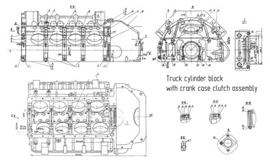 Truck cylinder block with crank case clutch assembly.
Engineering mechanical drawing of automotive
device. Industrial cad scheme on white paper sheet. 
Technology design of machine building industry.