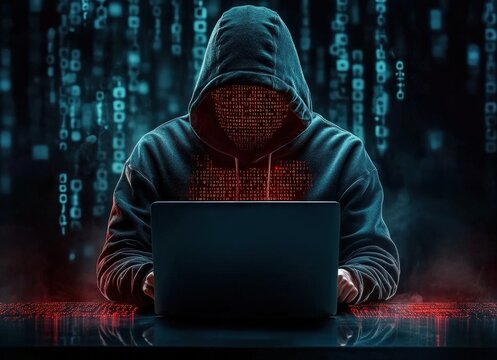 Hooded hacker breaking code on laptop in digital world