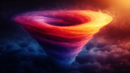 Large digital funnel in rainbow colors representing big data technology and information processing. Abstract concept of data collection, analysis, and transformation into insights