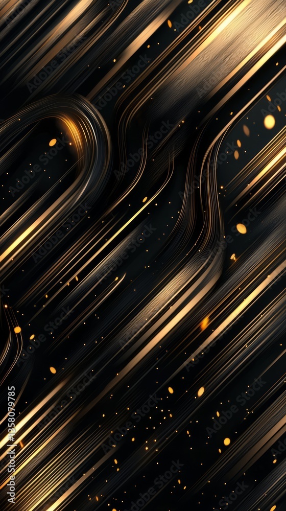 Poster dynamic abstract background with flowing golden lines and shimmering particles on a dark canvas