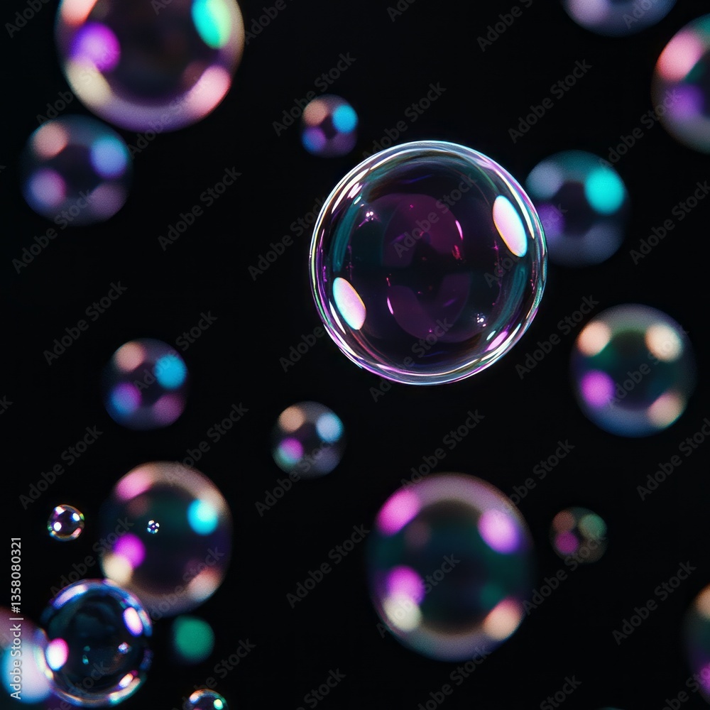 Poster colorful bubbles floating in a dark background create an abstract visual display of light and shapes