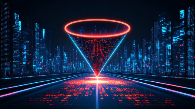 Large digital funnel in rainbow colors representing big data technology and information processing. Abstract concept of data collection, analysis, and transformation into insights