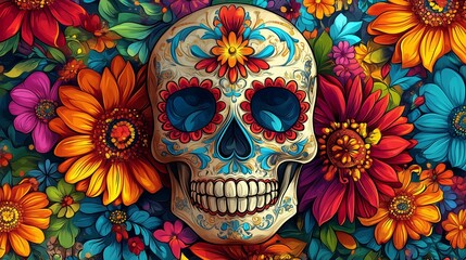 Decorated sugar skull with intricate designs, surrounded by bright, colorful flowers, and symbols of Dia de los Muertos, celebrating life and remembrance.