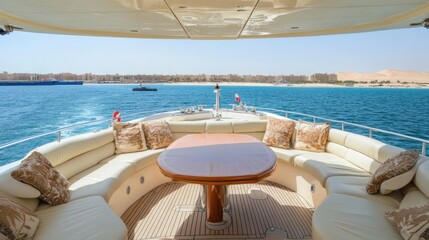 Obraz premium Luxury Yacht Deck Overlooking Coastal Cityscape