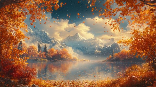 Autumn lake framed by trees, mountains in the background, serene scene, perfect for screensaver