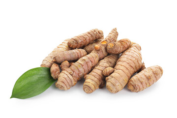Raw turmeric roots and green leaf isolated on white
