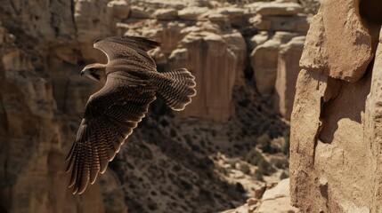 Peregrine Falcon Soaring Over Rocky Canyon