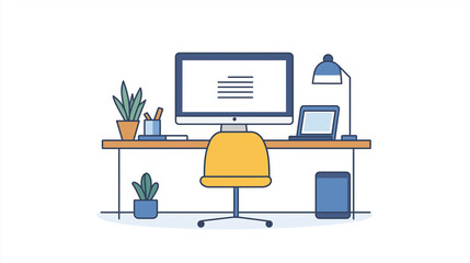 Minimalist work from home office setup with a narrow desk, a digital tablet, and a chair. Flat illustration.
