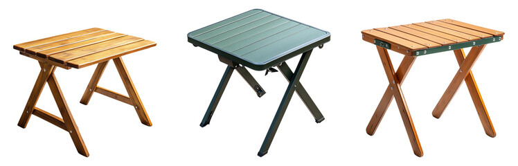 Three distinct folding tables displayed on a transparent background