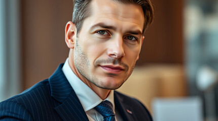 Fototapeta premium Professional, businessman, suit, office, corporate, formal, executive, confident, workplace, meeting, leader, white-collar, career, success, entrepreneur, manager, team, employee, job, work, company, 