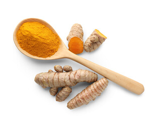 Turmeric powder in spoon and roots isolated on white, top view
