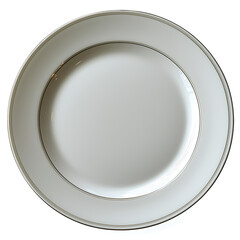Clean white dinner plate with a simple elegant design featuring a thin silver band along the rim's inner and outer edges.