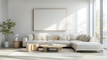 Fototapeta premium Modern living room mock up light furniture and elegant wall templates